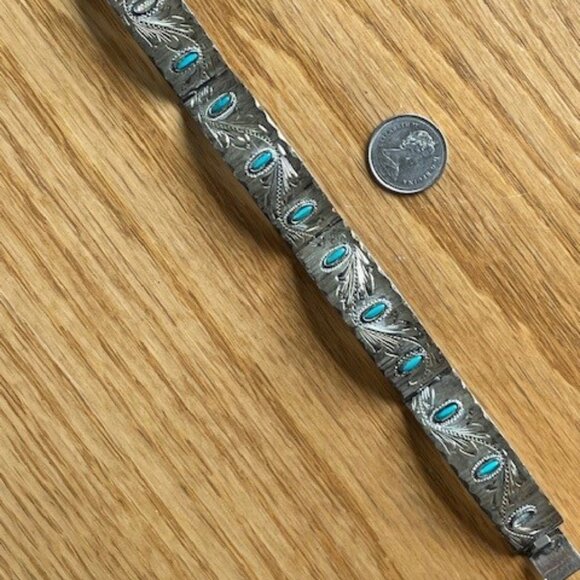 Vtg. MEXICO 4 Panel Cuff Bracelet TURQUOISE INLAYS Artisan MMS and Eagle - Picture 2 of 11